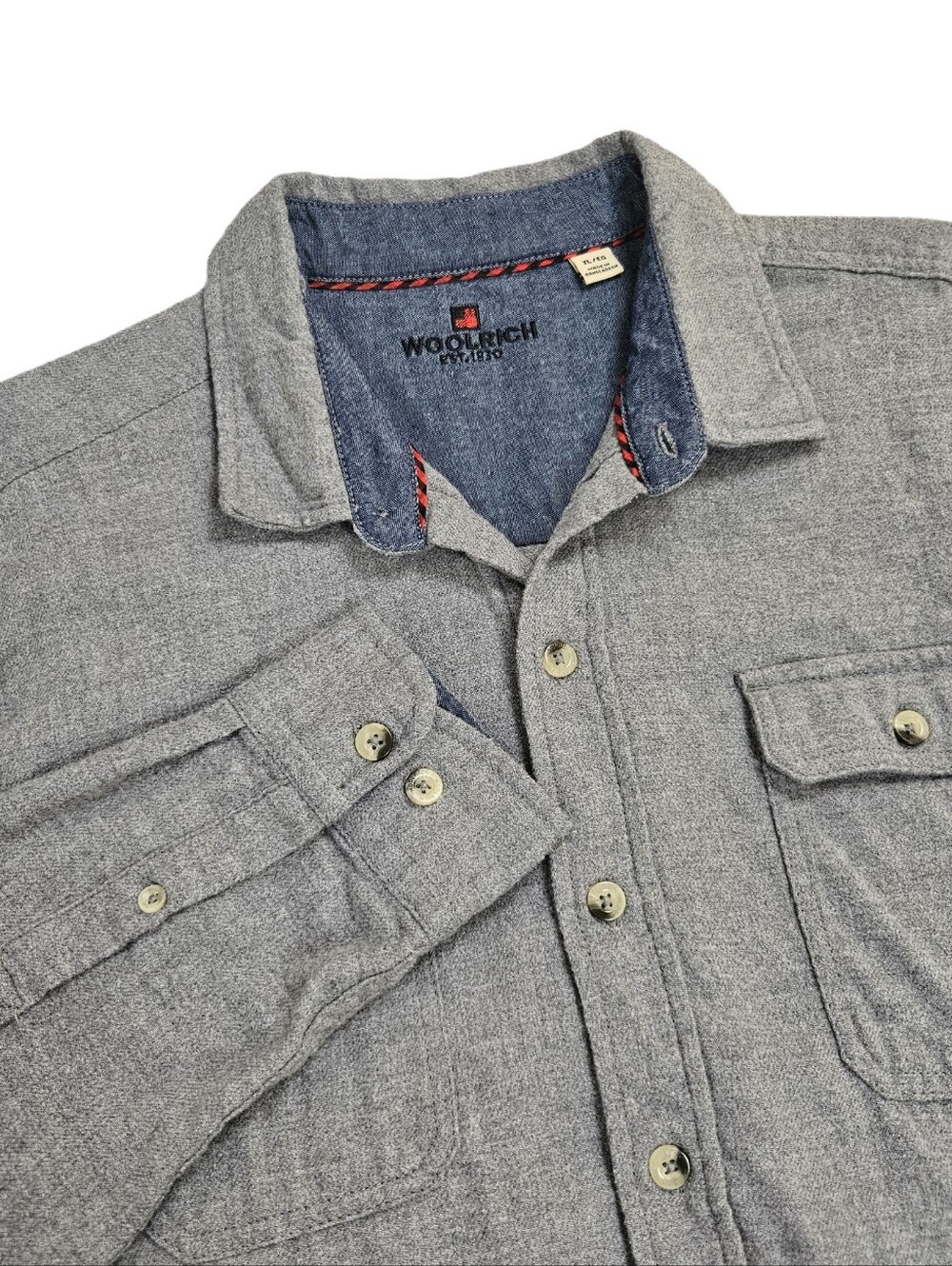 Woolrich Shirt Button Up Long Sleeve Cotton Gray Collar Pockets Mens XL